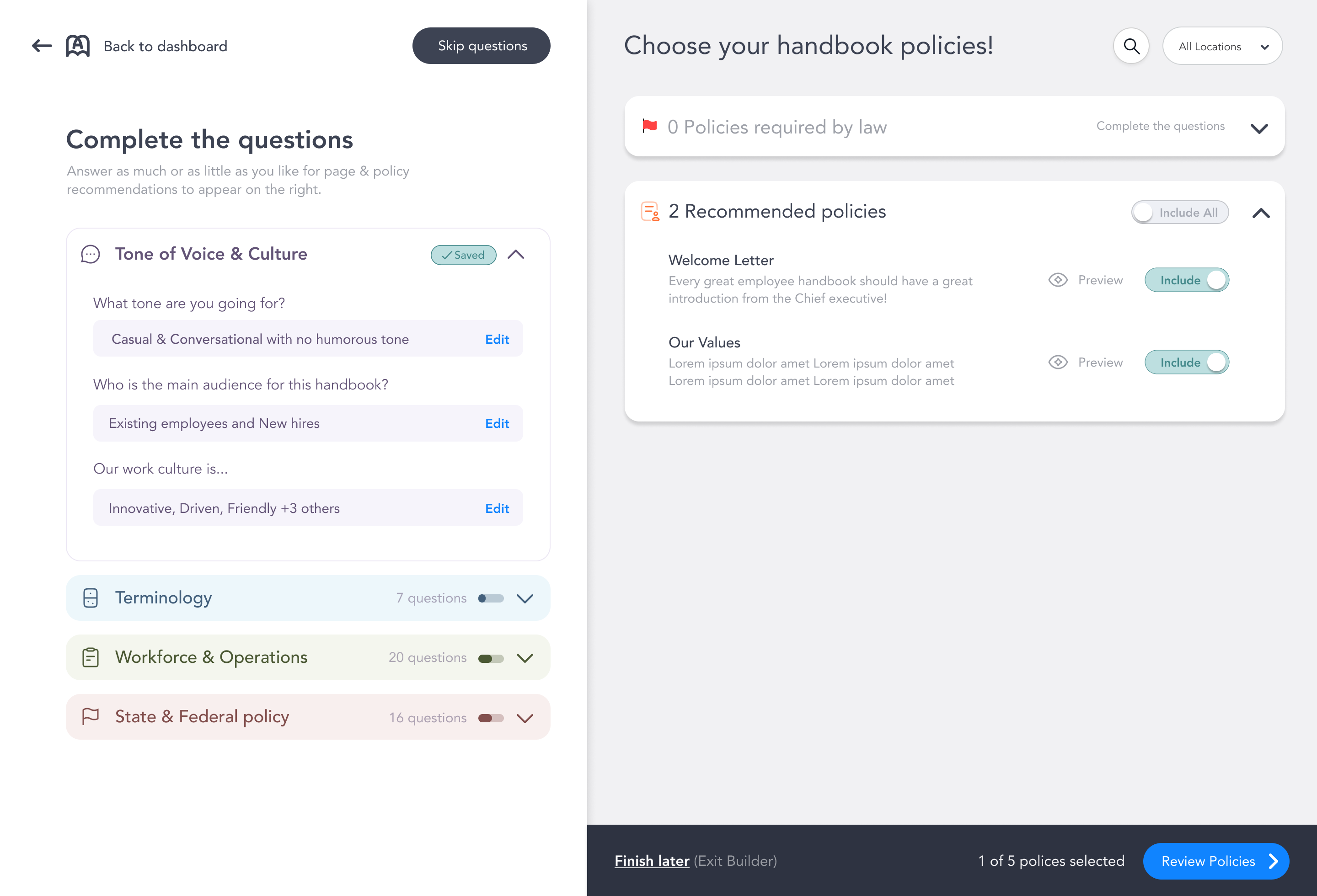AirMason handbook builder wizard  - policy selection and compliance questionnaire